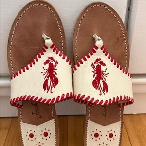 Jack Rodger’s White and Red Lobster Embroidered Leather Thong Sandals